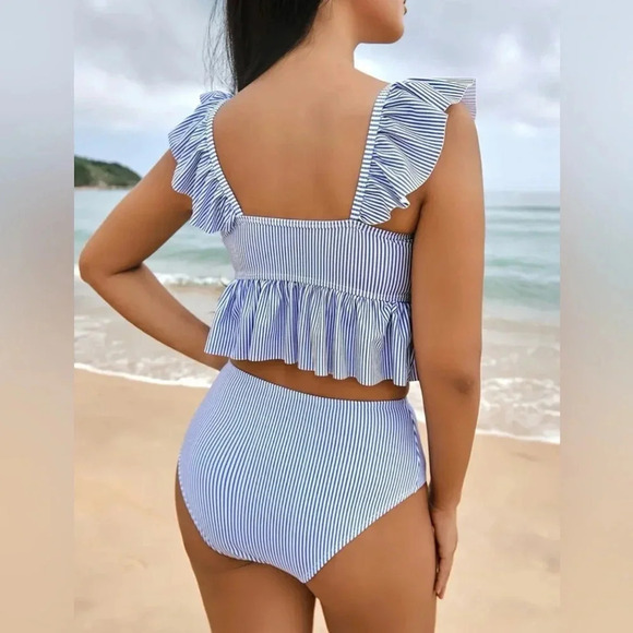 Blue & White Pinstripe Ruffle Two-Piece Bikini Set | High Waist | NWT - Picture 2 of 4